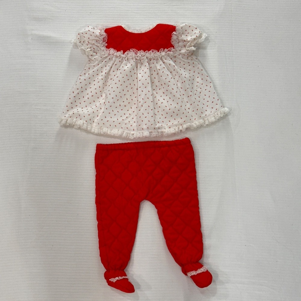 Vintage Strawberry Print Quilted Top and Footed Pants Set Kids Red White | Retro